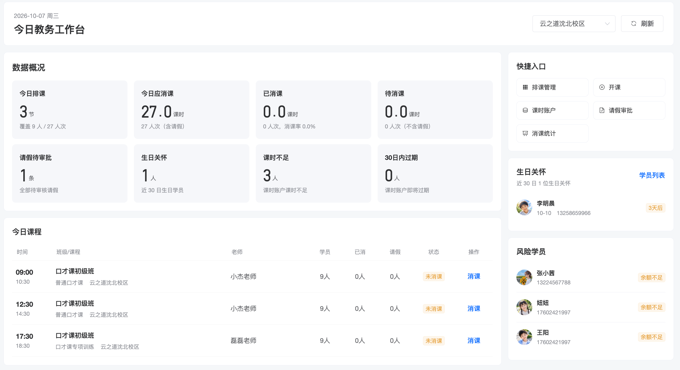 今日教务工作台截图：数据概况、今日课程、快捷入口与课时提醒